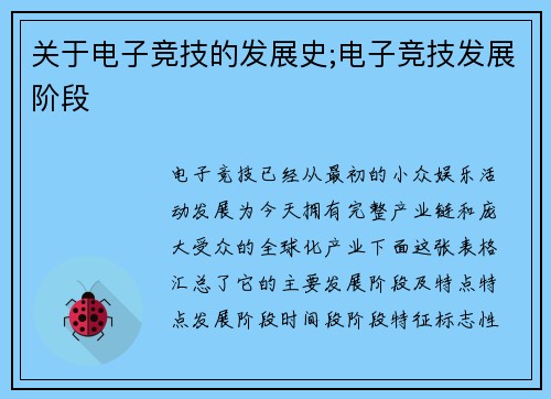 关于电子竞技的发展史;电子竞技发展阶段